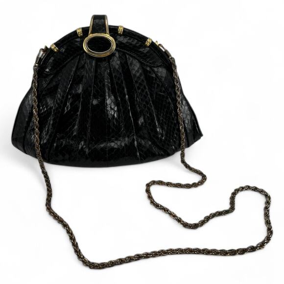Vintage Ashneil Black Snakeskin Purse with Gold Hardware and Chain Strap - 1980s - Picture 1 of 14